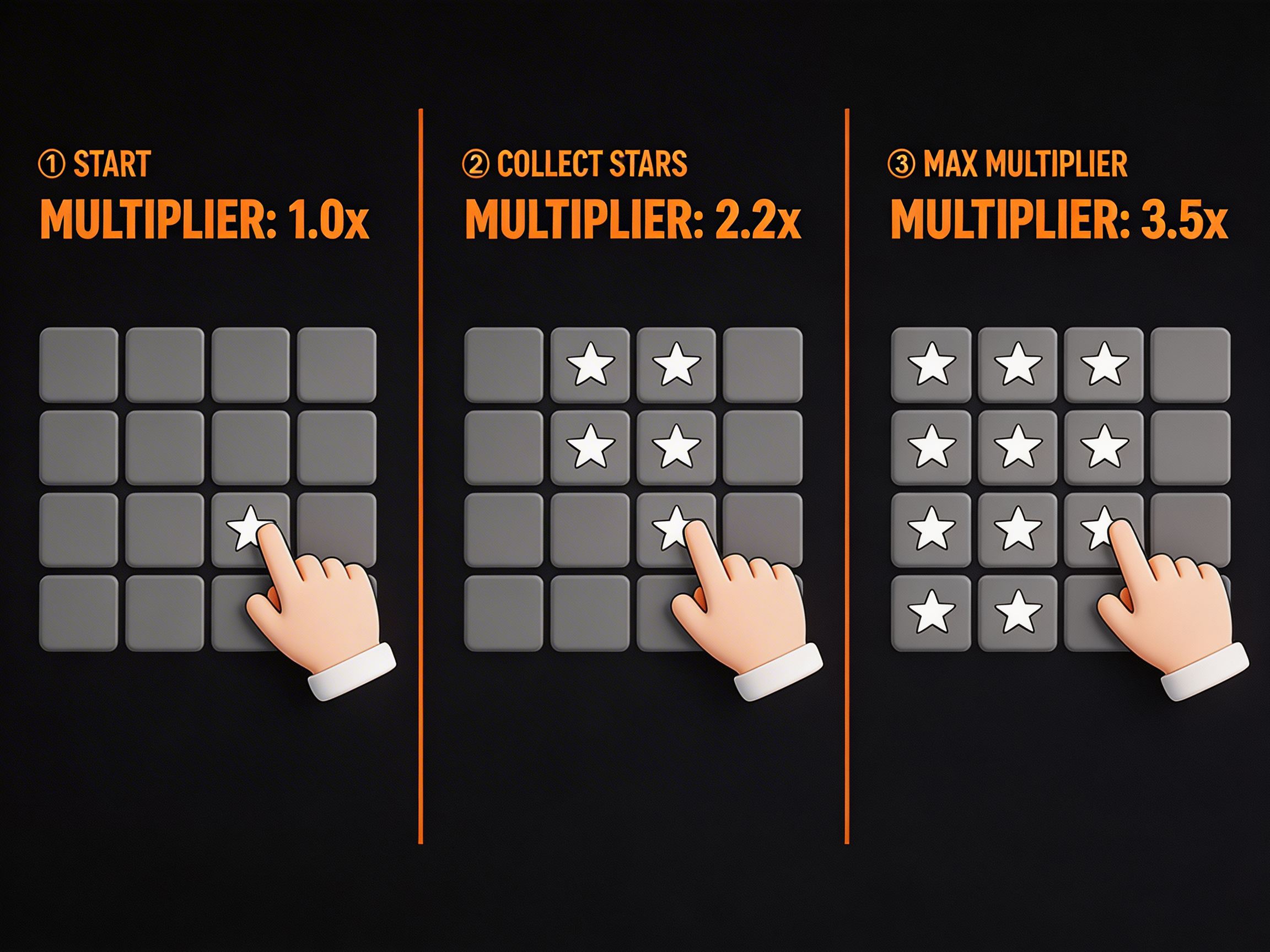 Como funciona o Mines: Start 1.0x, Collect Stars 2.2x, Max Multiplier 3.5x